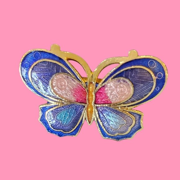 Vintage Butterfly Brooch Pin Cloisonne Enamel‎ Blue Pink Gold Tone Small - Picture 1 of 10